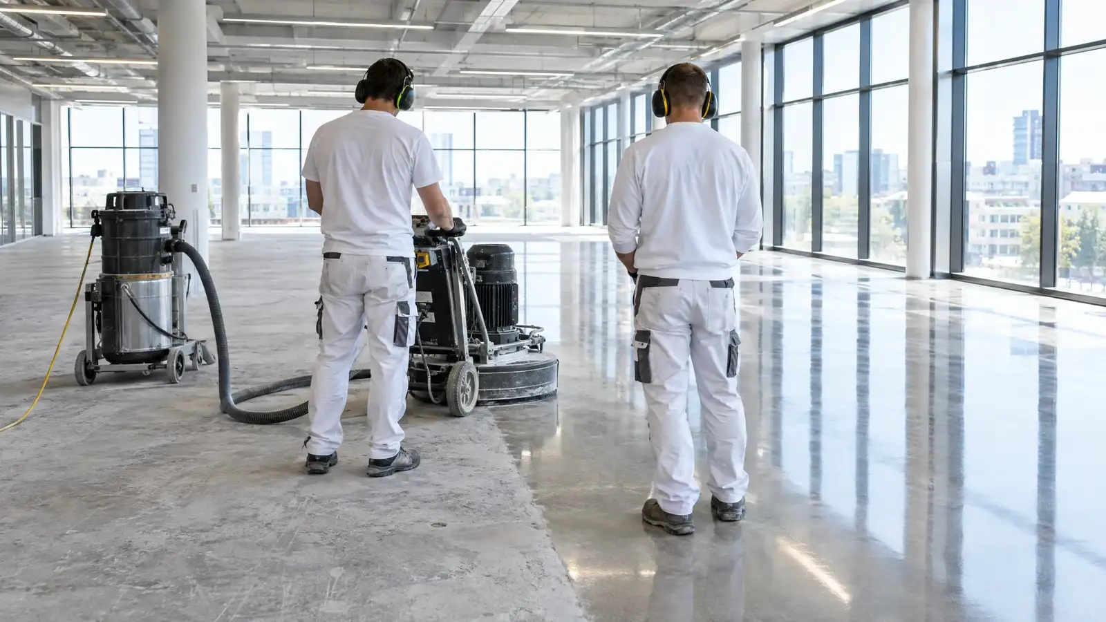 A mirror-polished concrete floor reflecting large windows