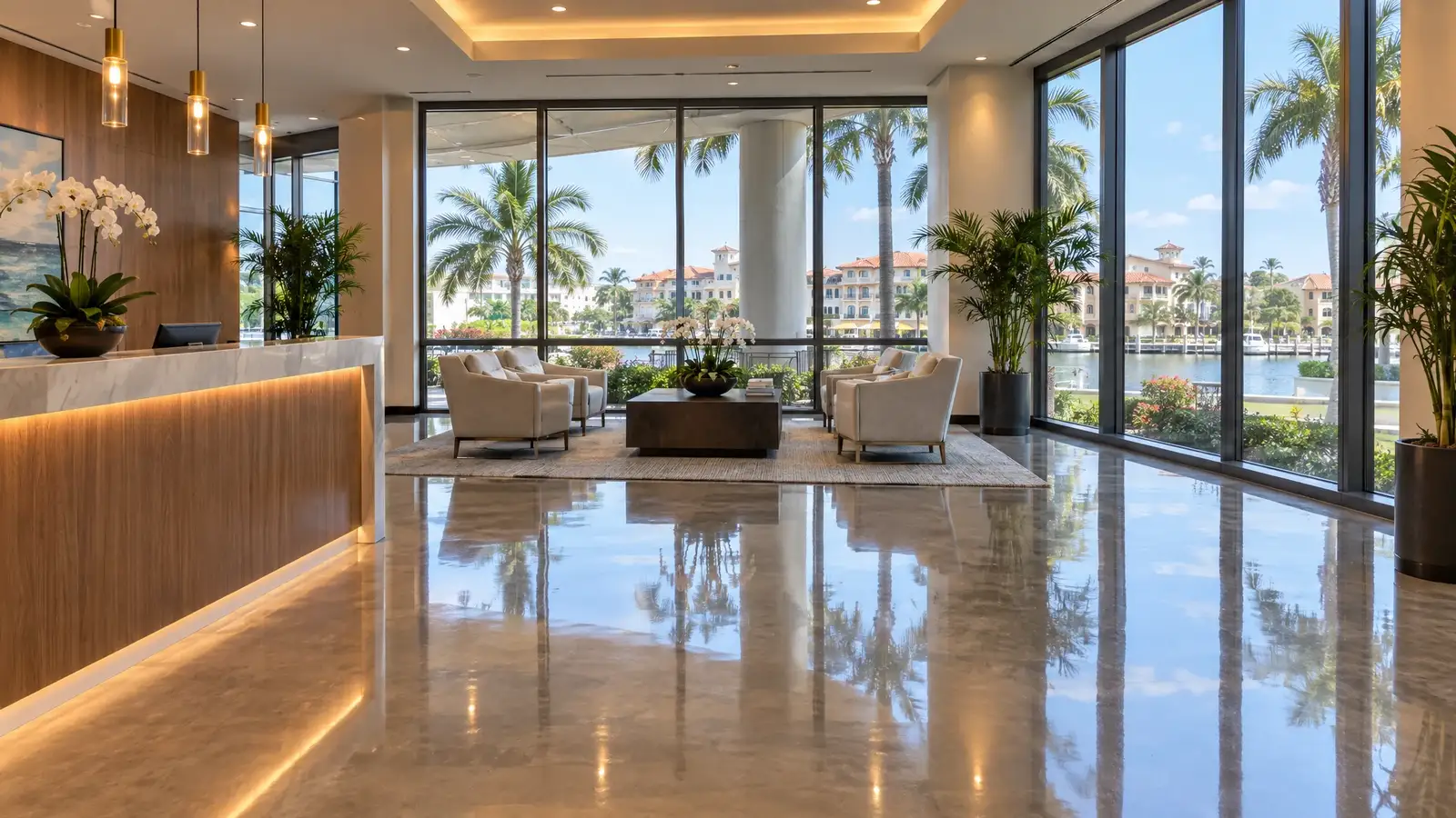 Polished concrete floor reflecting a scene from Boca Raton, FL