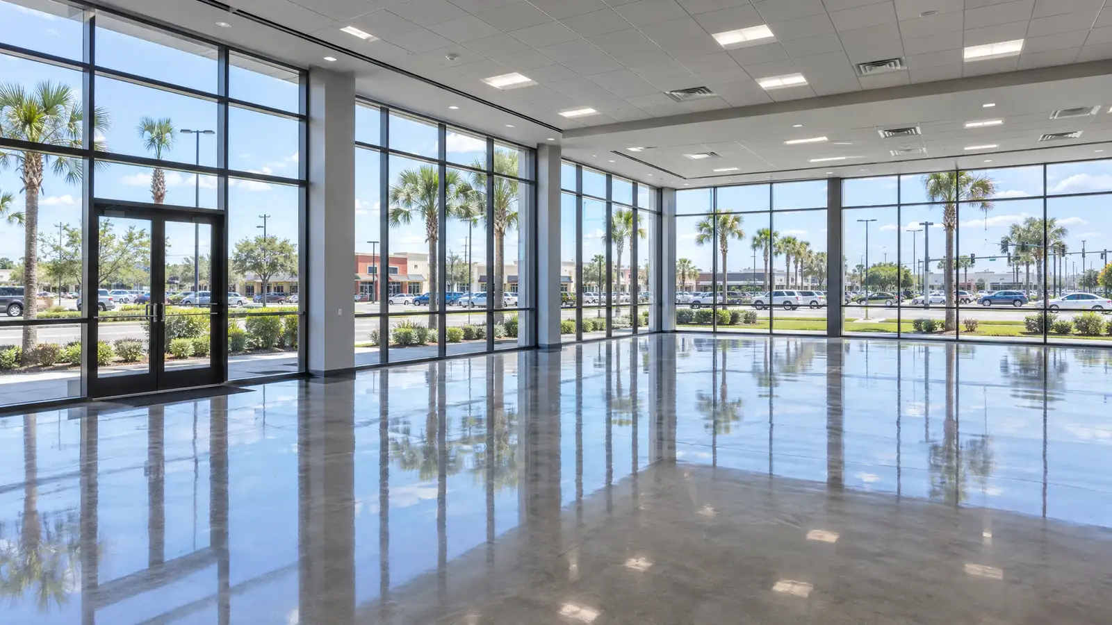 Polished concrete floor reflecting a scene from Brandon, FL