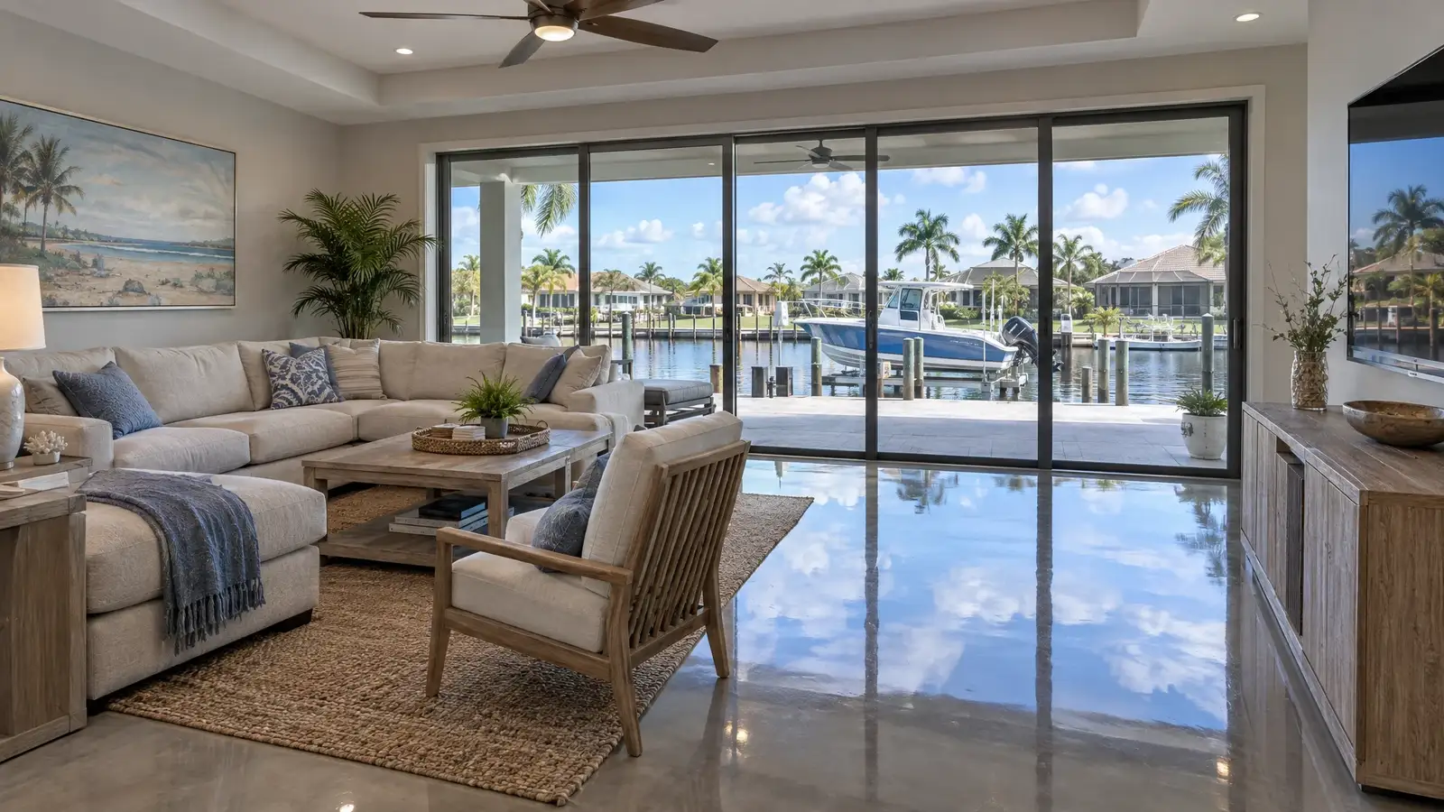 Polished concrete floor reflecting a scene from Cape Coral, FL