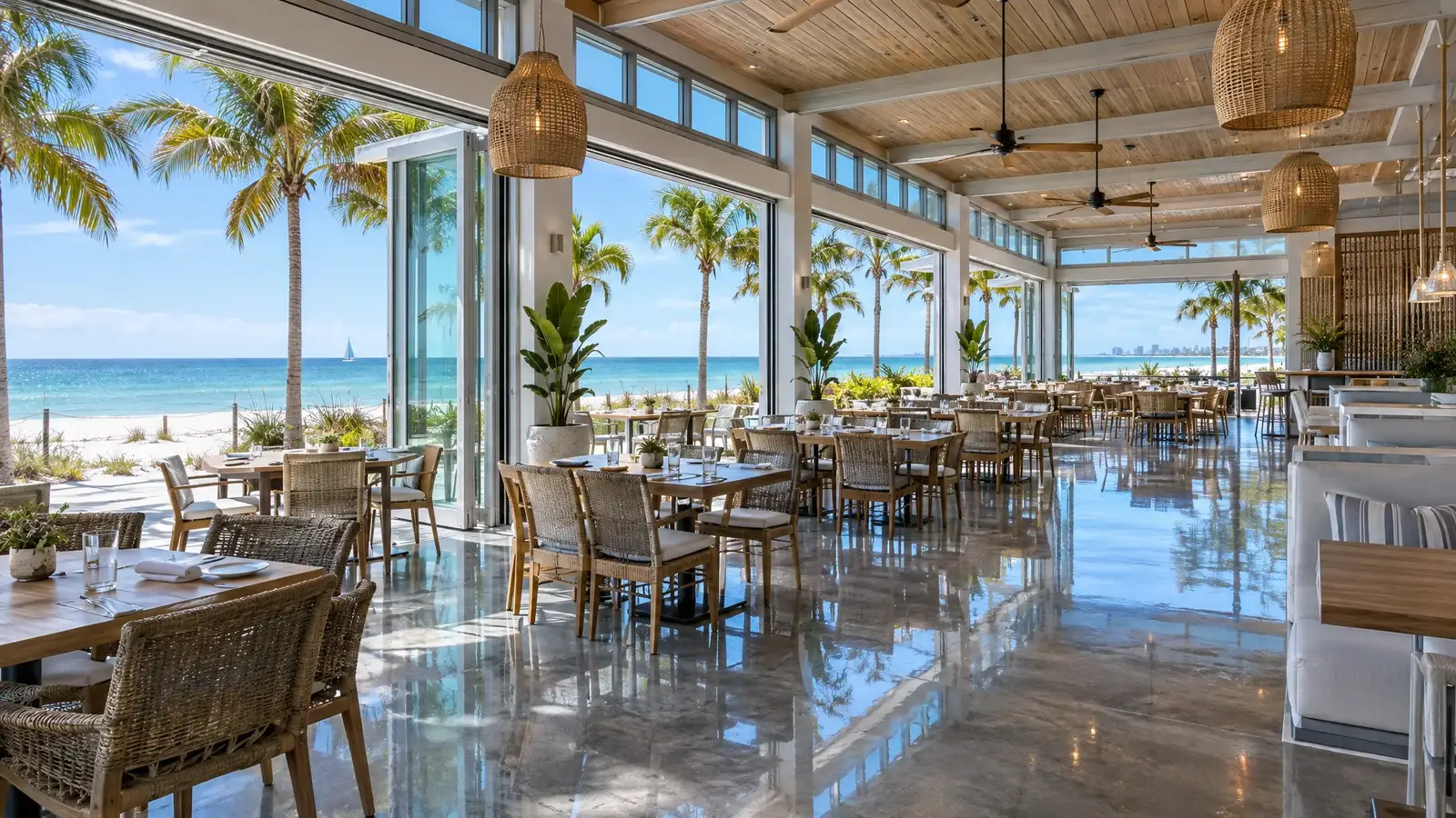 Polished concrete floor reflecting a scene from Clearwater, FL