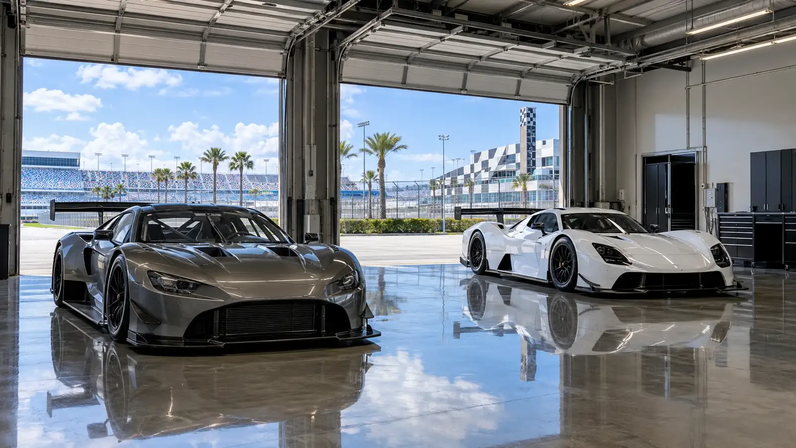 Polished concrete floor reflecting a scene from Daytona, FL