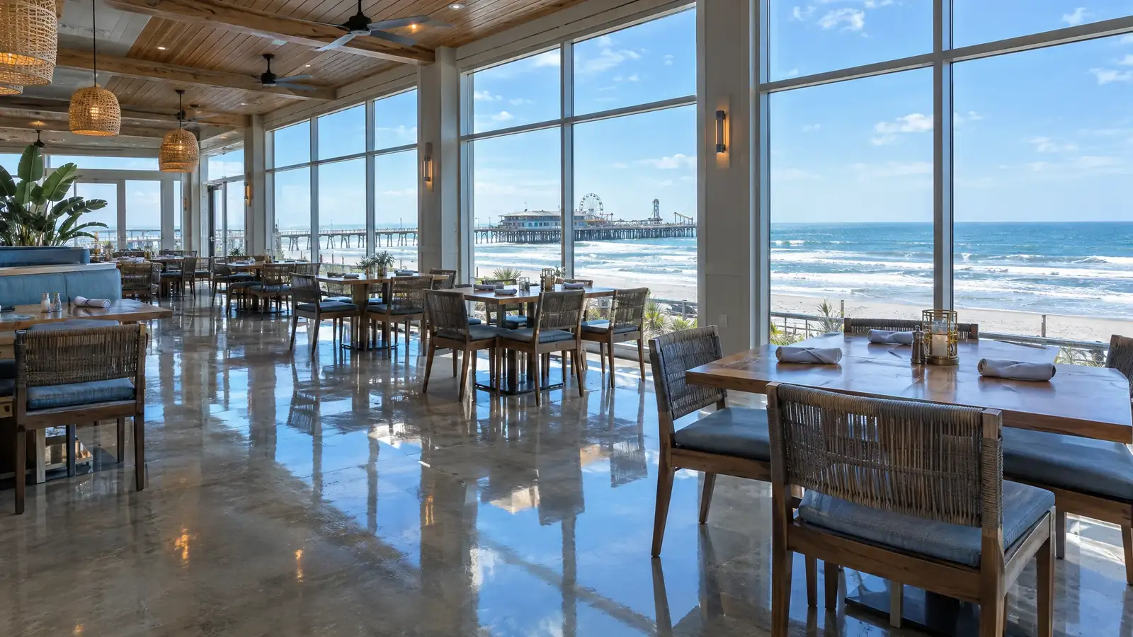Polished concrete floor reflecting a scene from Daytona Beach, FL