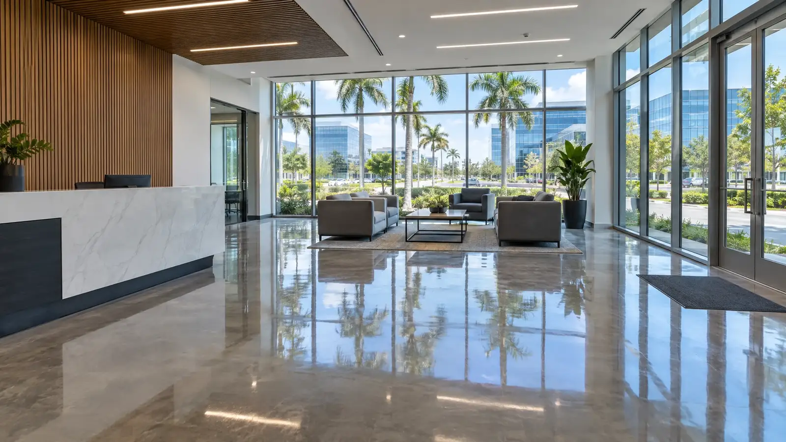 Polished concrete floor reflecting a scene from Doral, FL