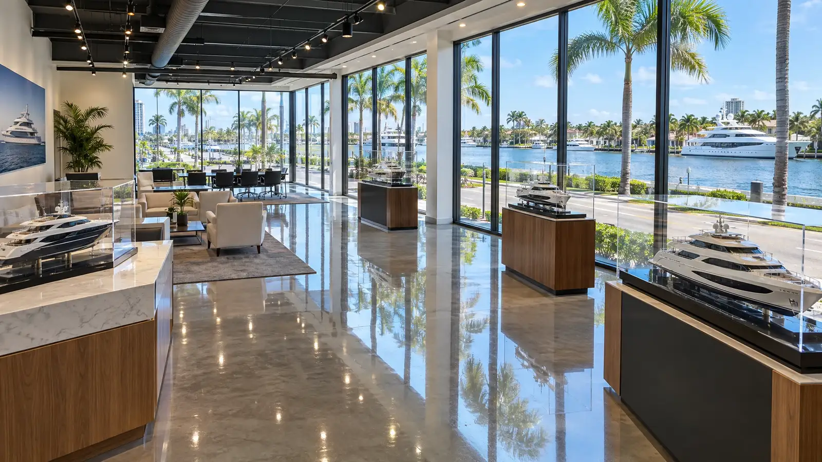 Polished concrete floor reflecting a scene from Fort Lauderdale, FL