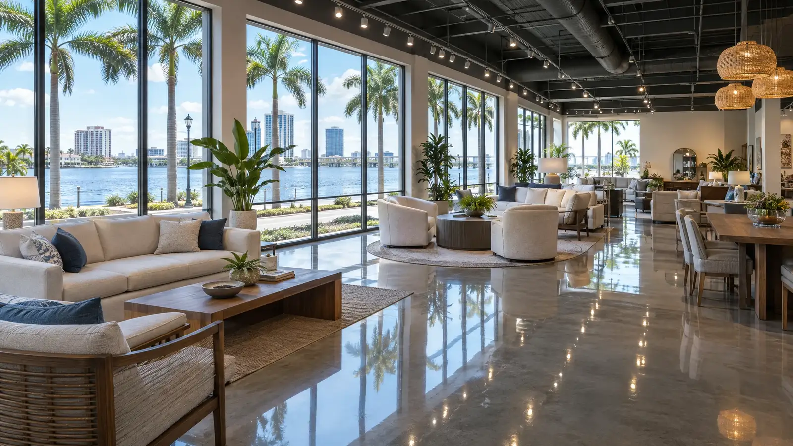 Polished concrete floor reflecting a scene from Fort Myers, FL