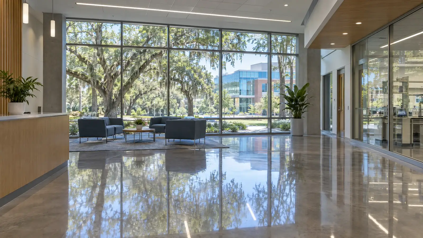 Polished concrete floor reflecting a scene from Gainesville, FL
