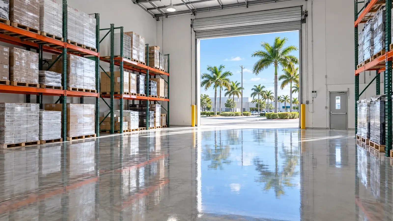 A mirror-polished concrete floor reflecting a scene from Hialeah, FL