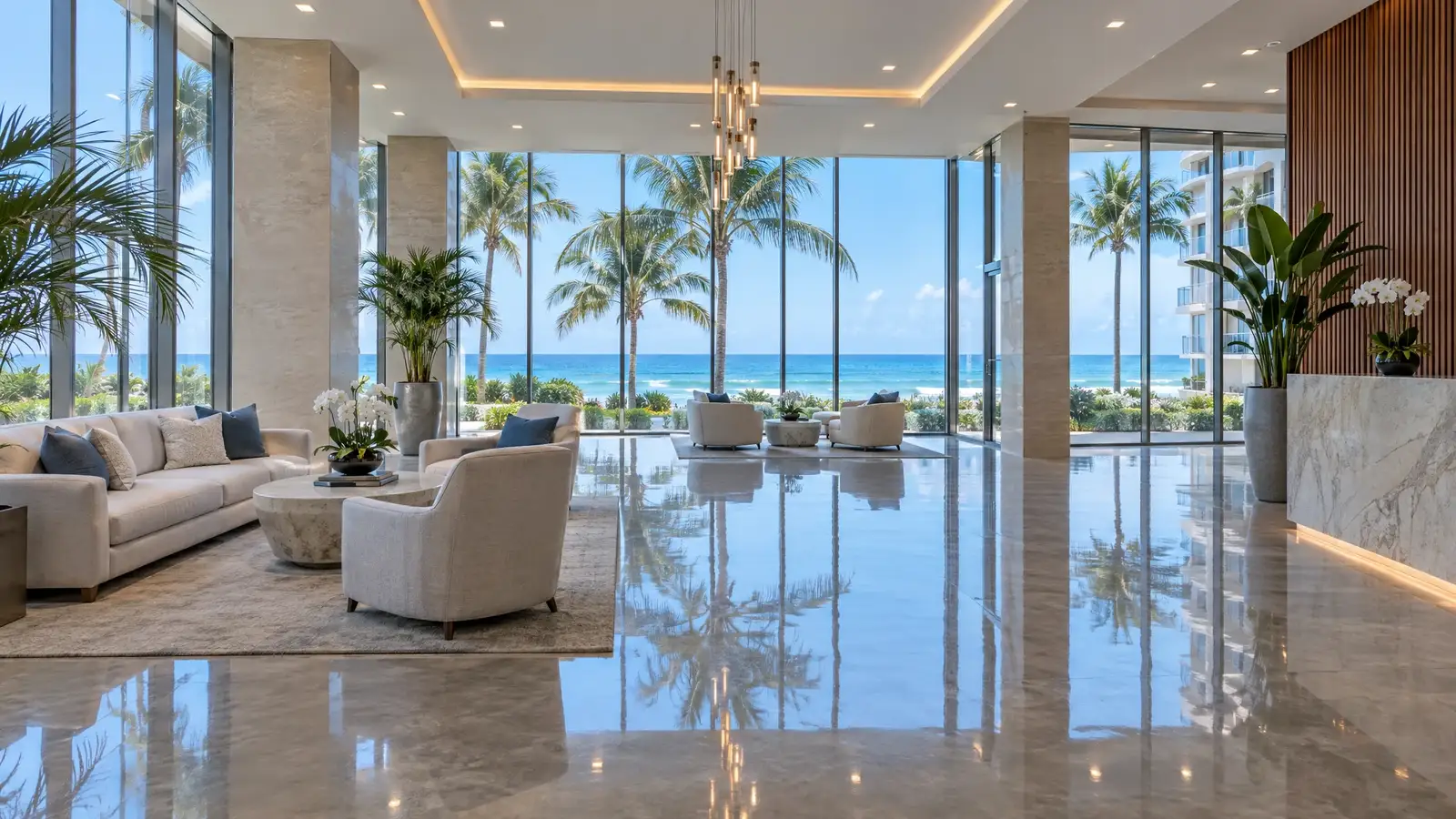 Polished concrete floor reflecting a scene from Highland Beach, FL