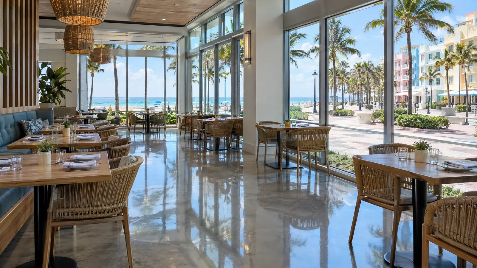 Polished concrete floor reflecting a scene from Hollywood, FL