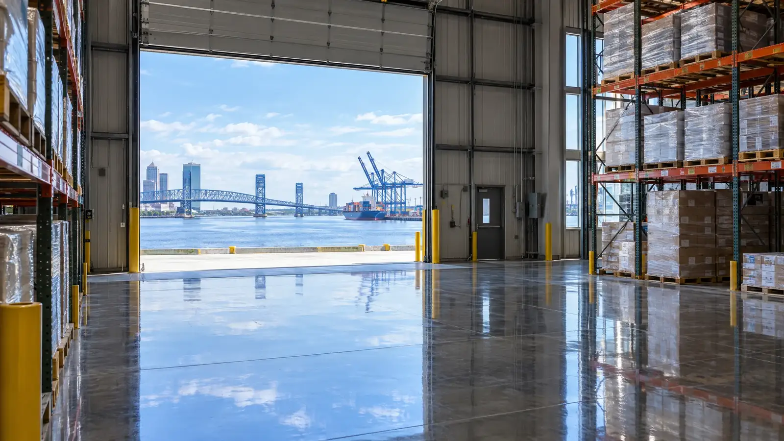 Polished concrete floor reflecting a scene from Jacksonville, FL