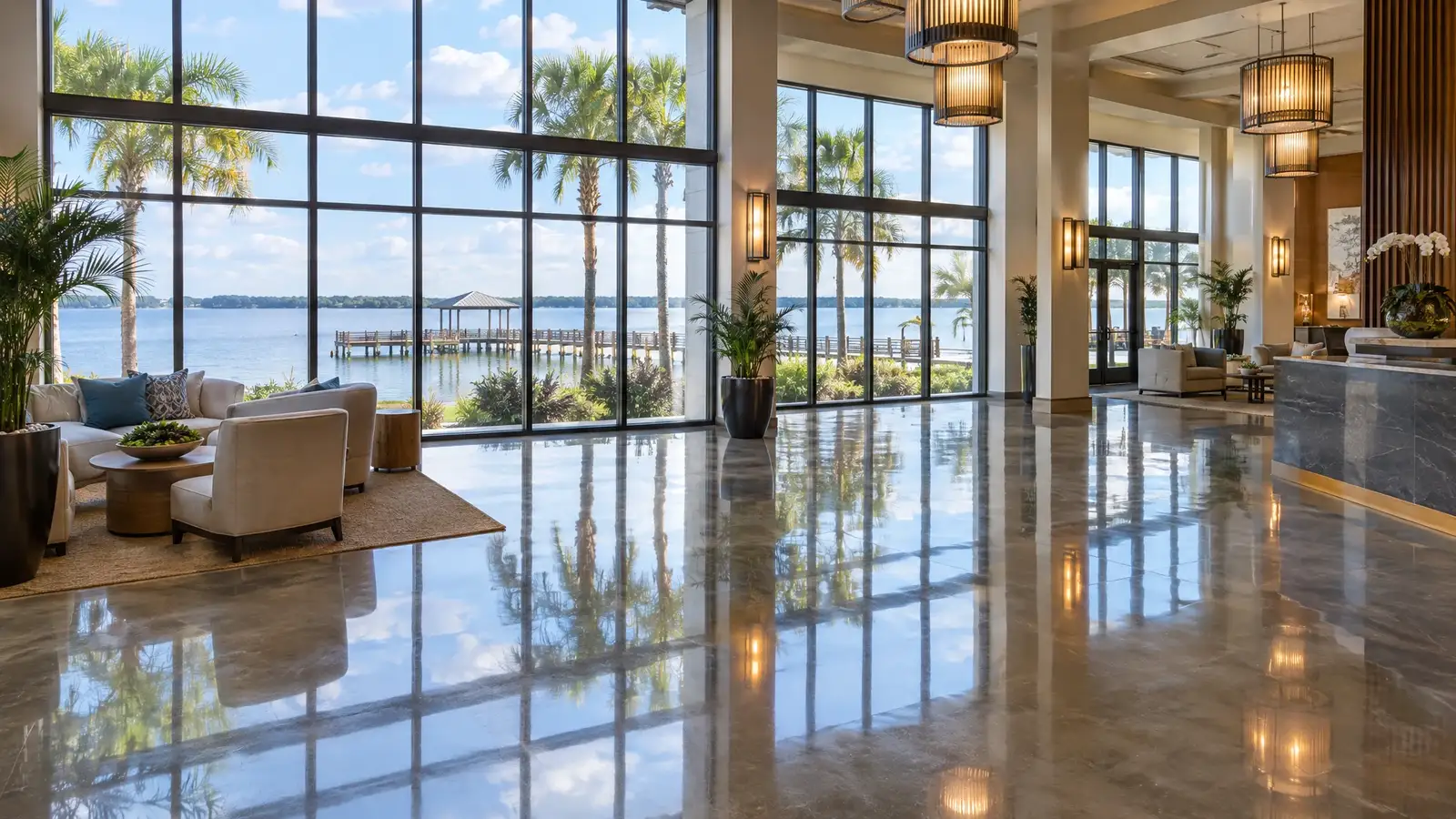 Polished concrete floor reflecting a scene from Kissimmee, FL