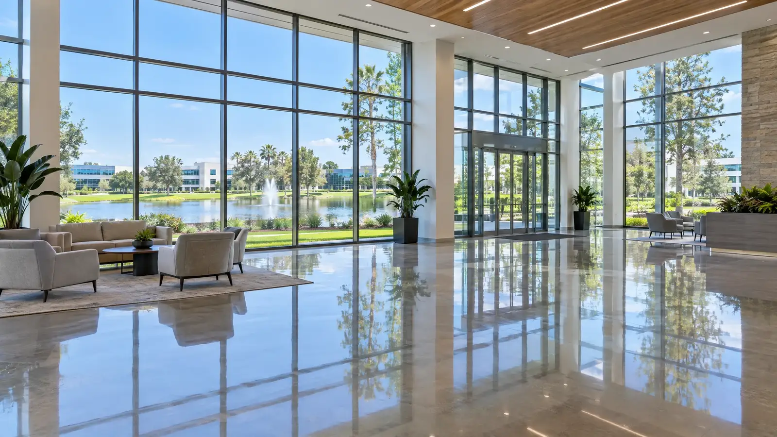 Polished concrete floor reflecting a scene from Lake Mary, FL