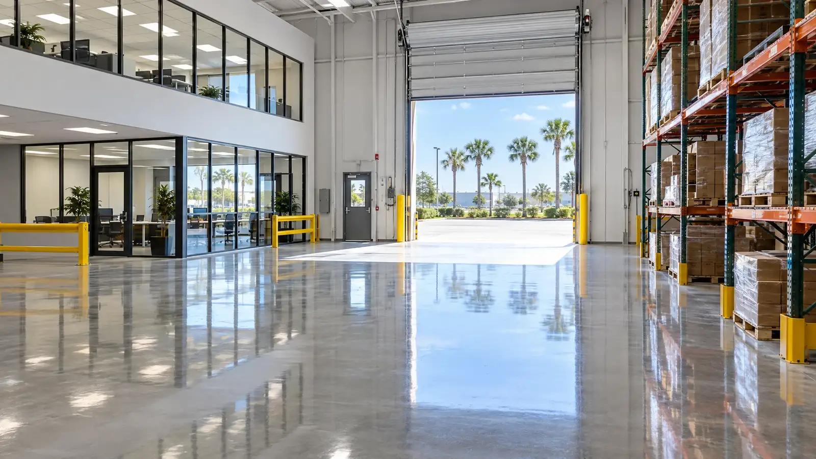 Polished concrete floor reflecting a scene from Lakeland, FL