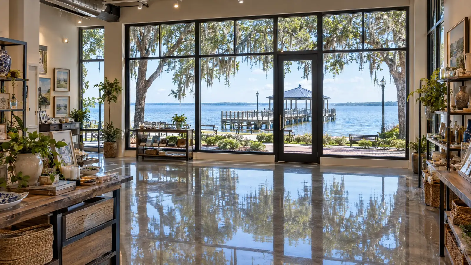 Polished concrete floor reflecting a scene from Leesburg, FL