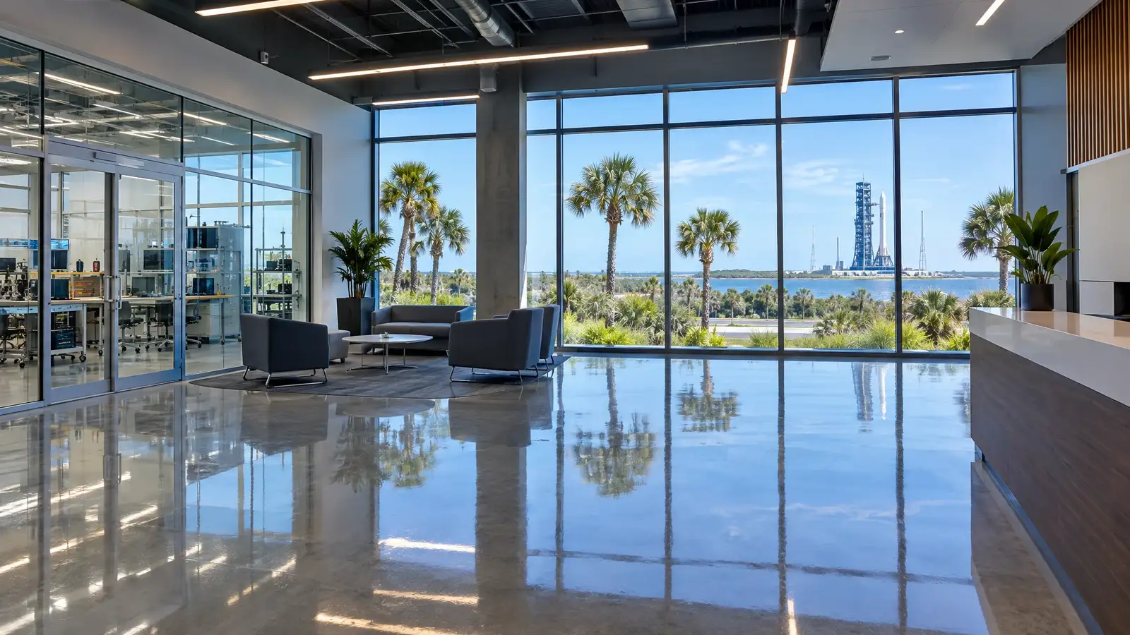 Polished concrete floor reflecting a scene from Melbourne, FL