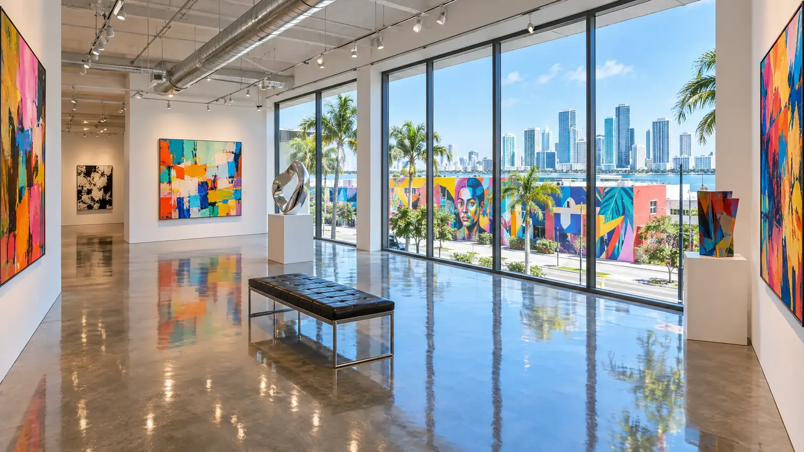 Polished concrete floor reflecting a scene from Miami, FL