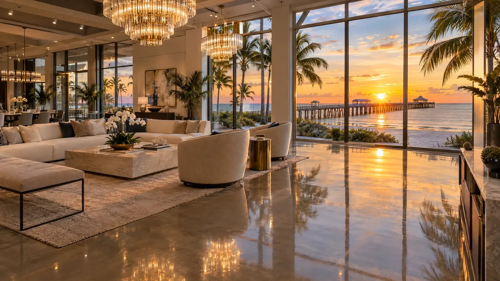 Polished concrete floor reflecting a scene from Naples, FL