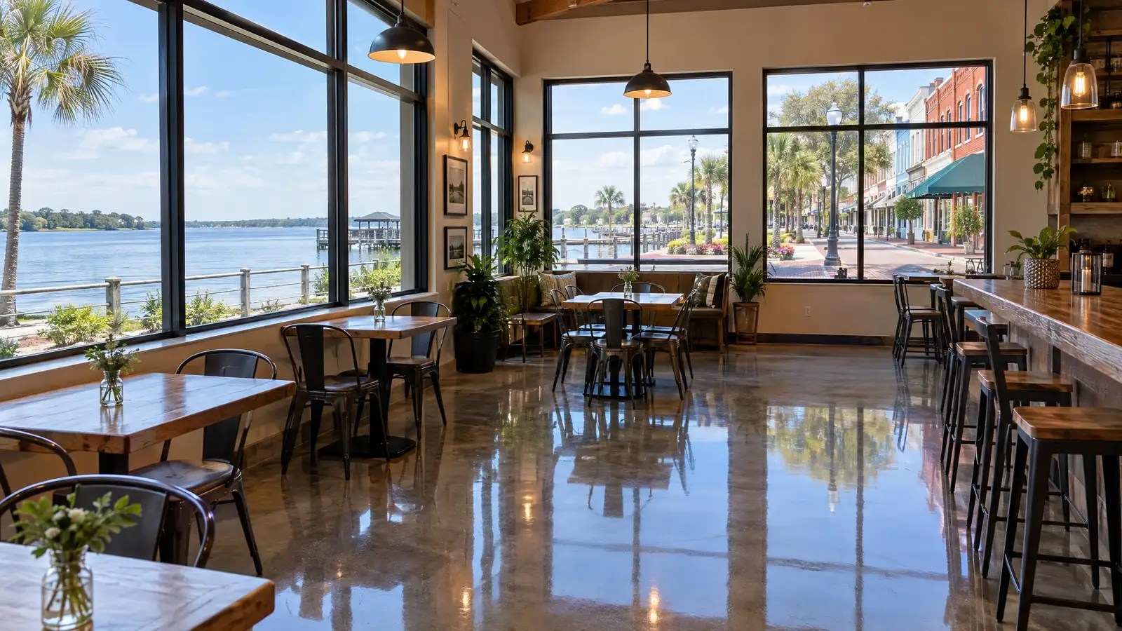 Polished concrete floor reflecting a scene from New Port Richey, FL