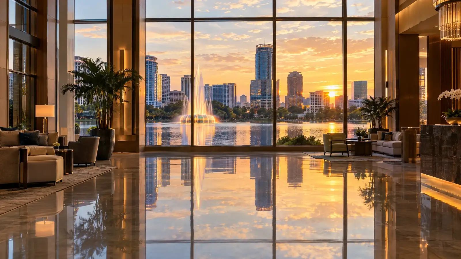 Polished concrete floor reflecting a scene from Orlando, FL