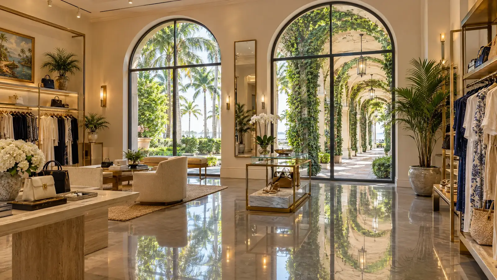 Polished concrete floor reflecting a scene from Palm Beach, FL