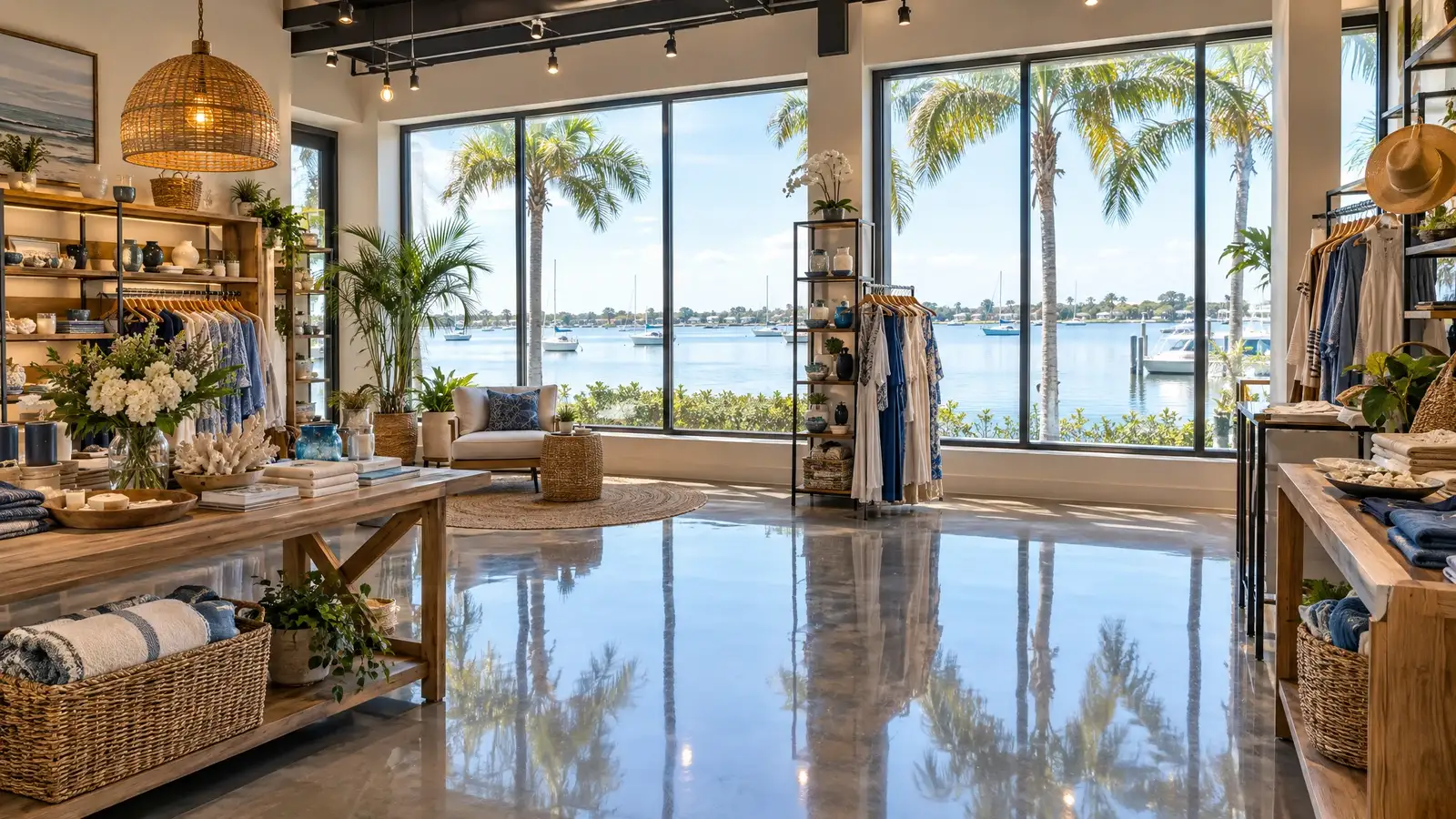 Polished concrete floor reflecting a scene from Palm Harbor, FL