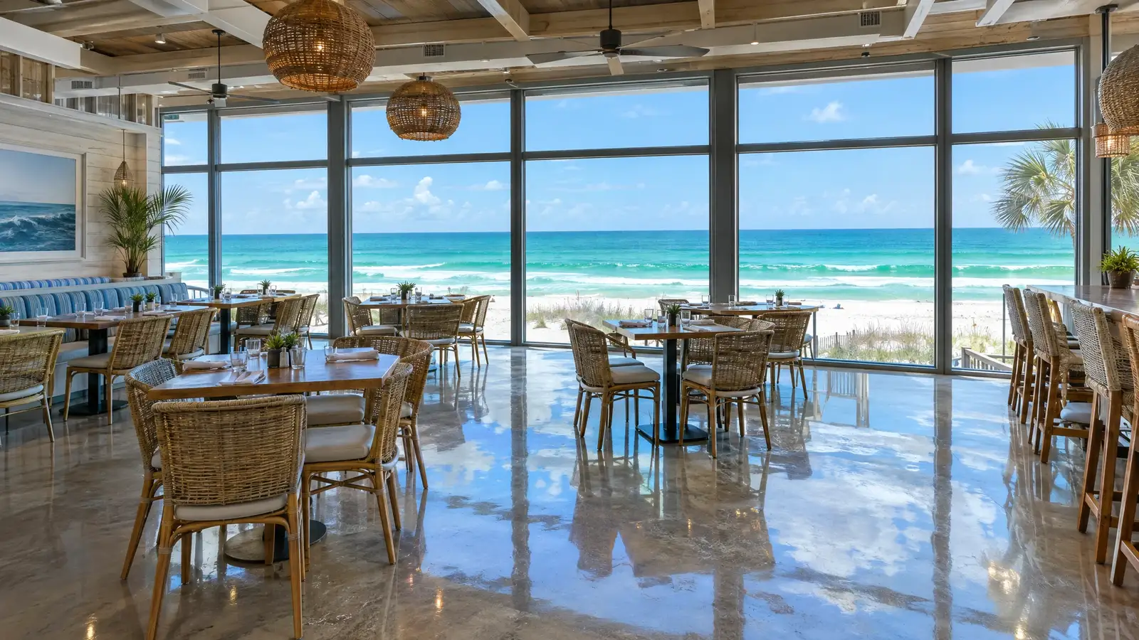 Polished concrete floor reflecting a scene from Panama City, FL