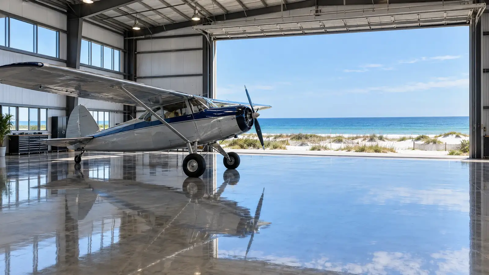 Polished concrete floor reflecting a scene from Pensacola, FL