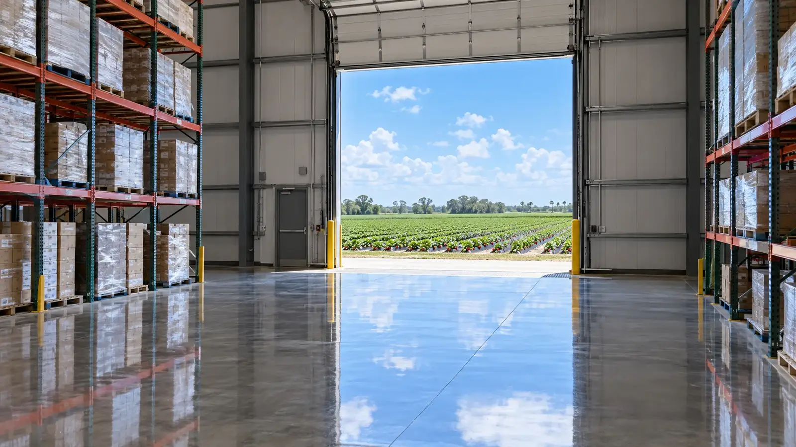 A mirror-polished concrete floor reflecting a scene from Plant City, FL