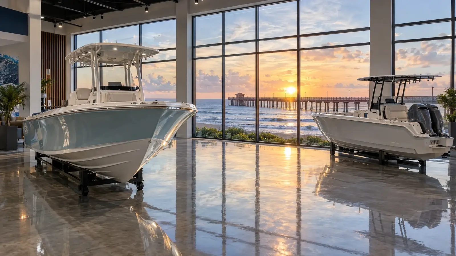 A mirror-polished concrete floor reflecting a scene from Pompano Beach, FL