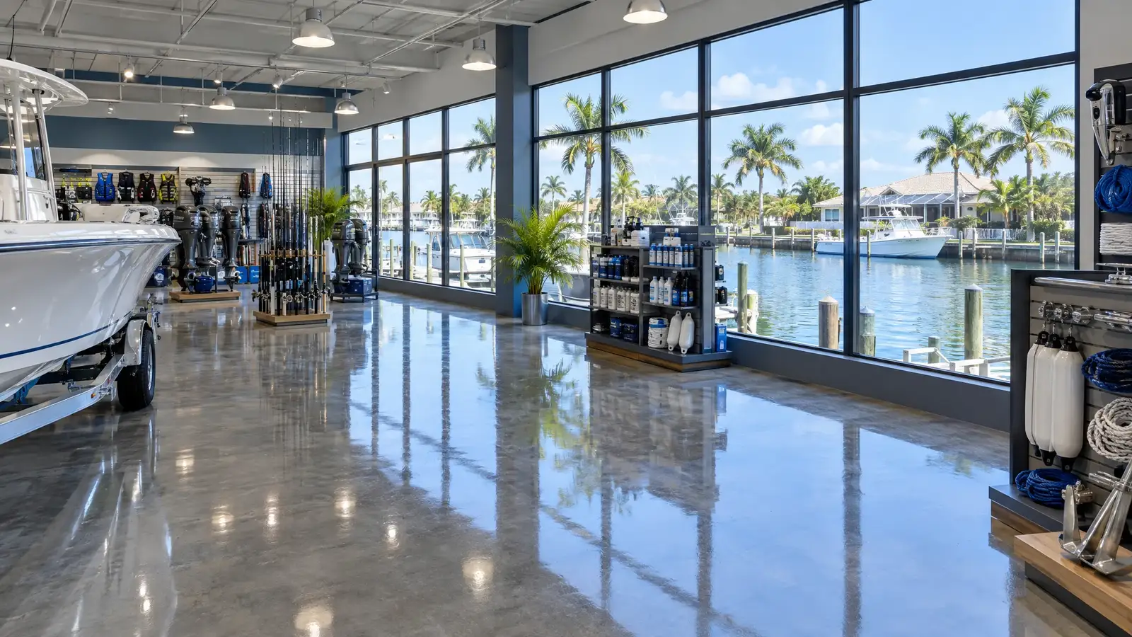 Polished concrete floor reflecting a scene from Port Charlotte, FL
