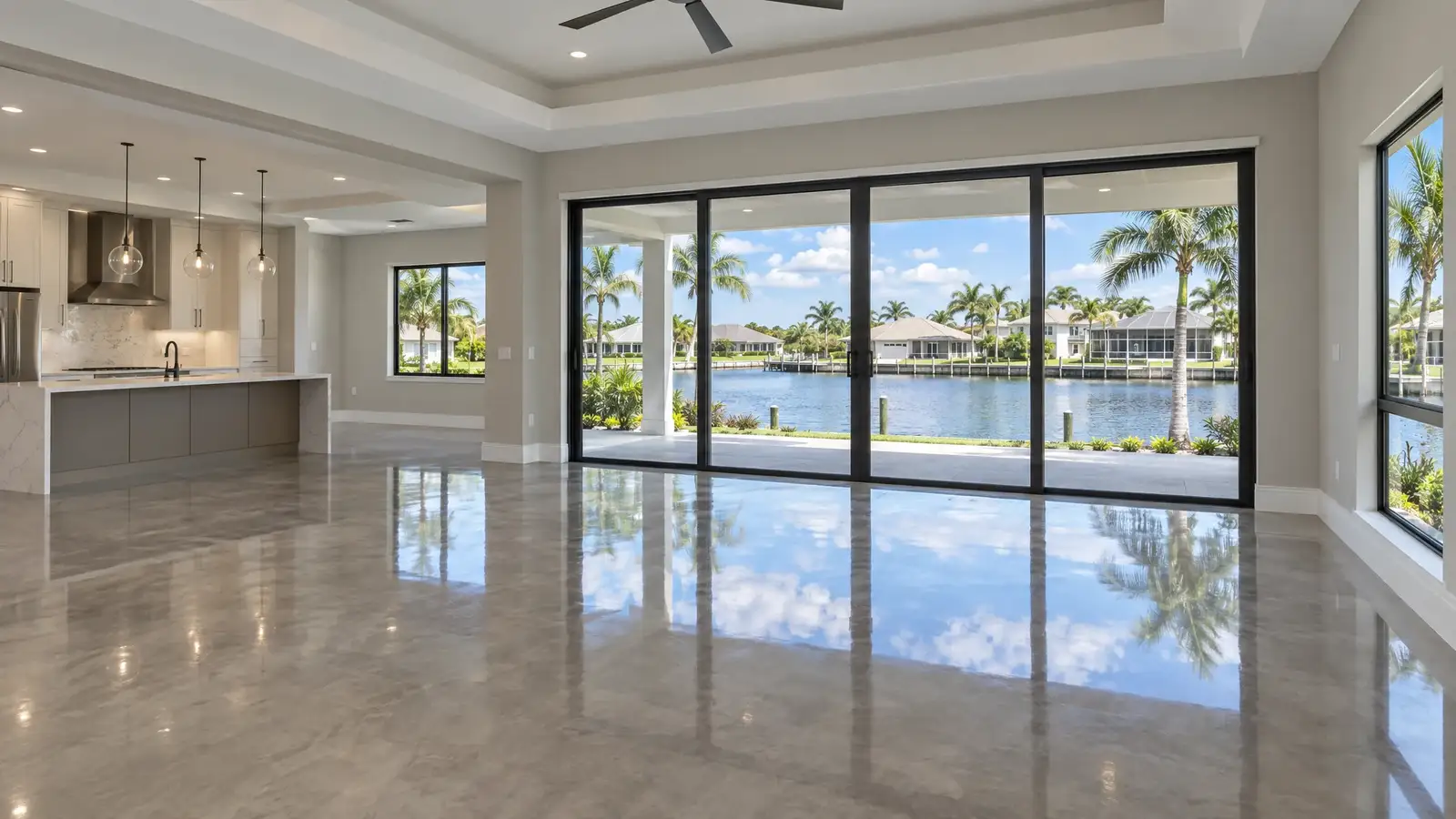 A mirror-polished concrete floor reflecting a scene from Port St. Lucie, FL