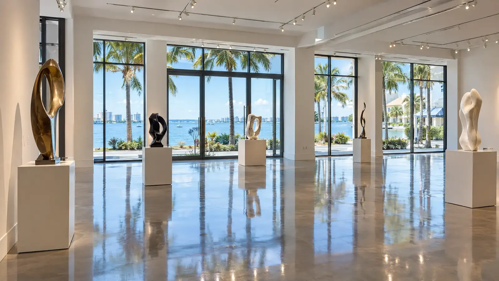 Polished concrete floor reflecting a scene from Sarasota, FL
