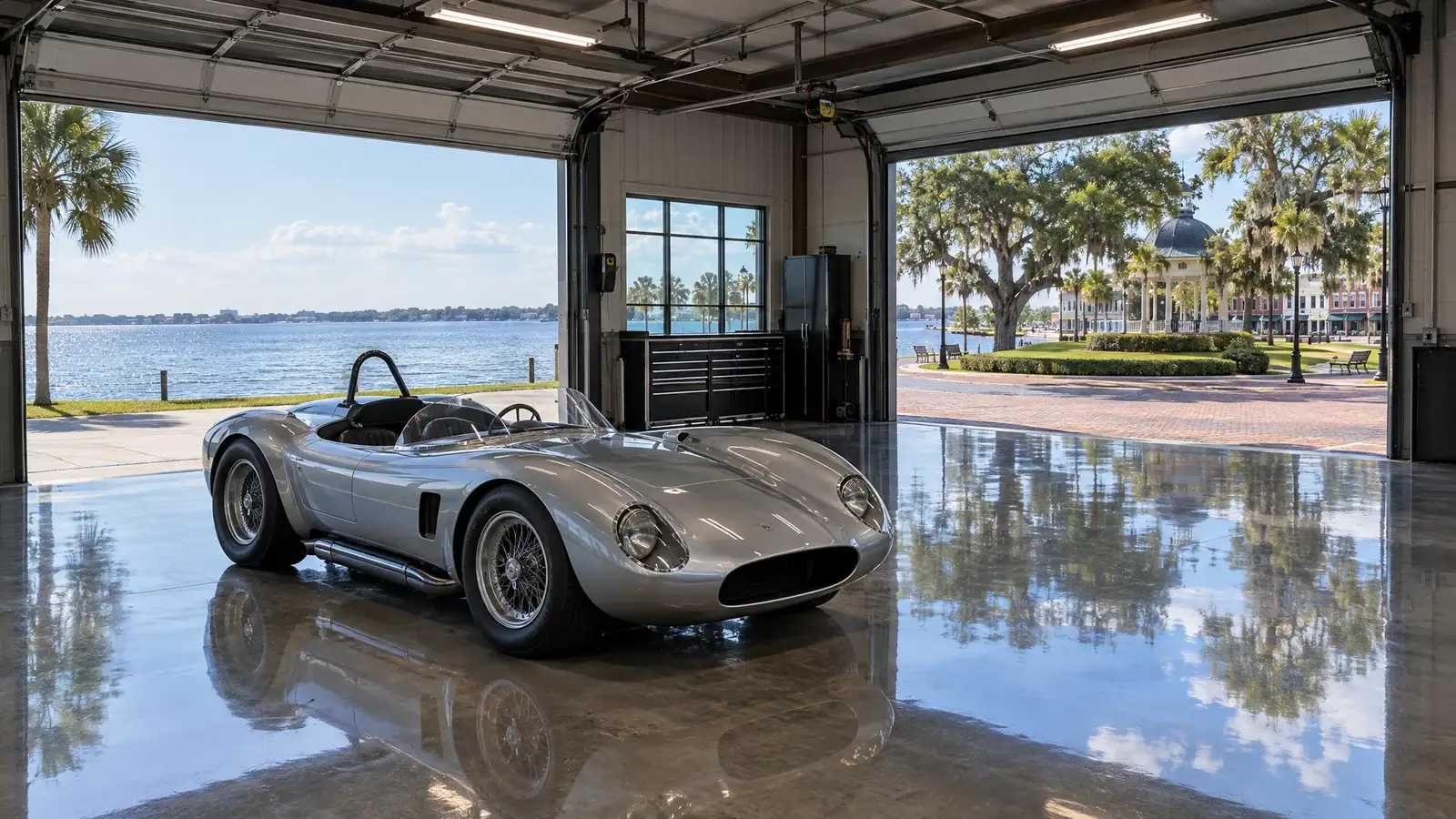 Polished concrete floor reflecting a scene from Sebring, FL