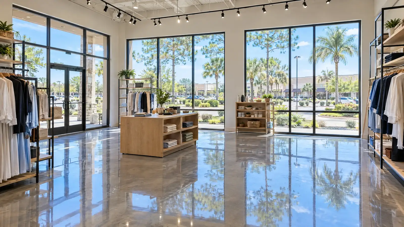 A mirror-polished concrete floor reflecting a scene from Spring Hill, FL