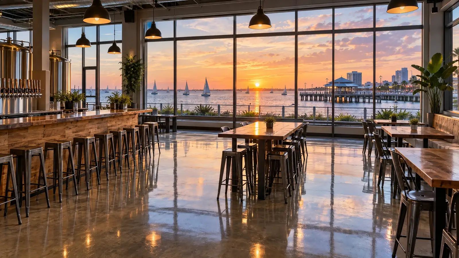 Polished concrete floor reflecting a scene from St. Petersburg, FL
