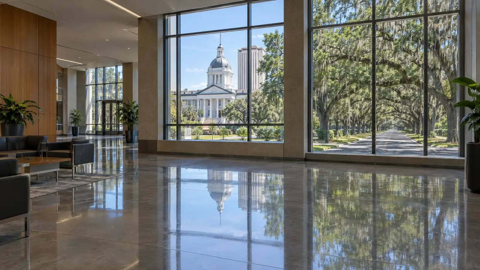 Polished concrete floor reflecting a scene from Tallahassee, FL