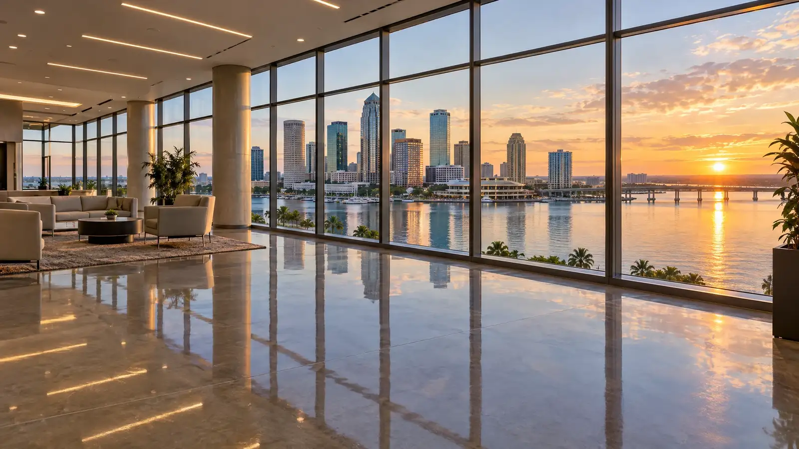 Polished concrete floor reflecting a scene from Tampa, FL