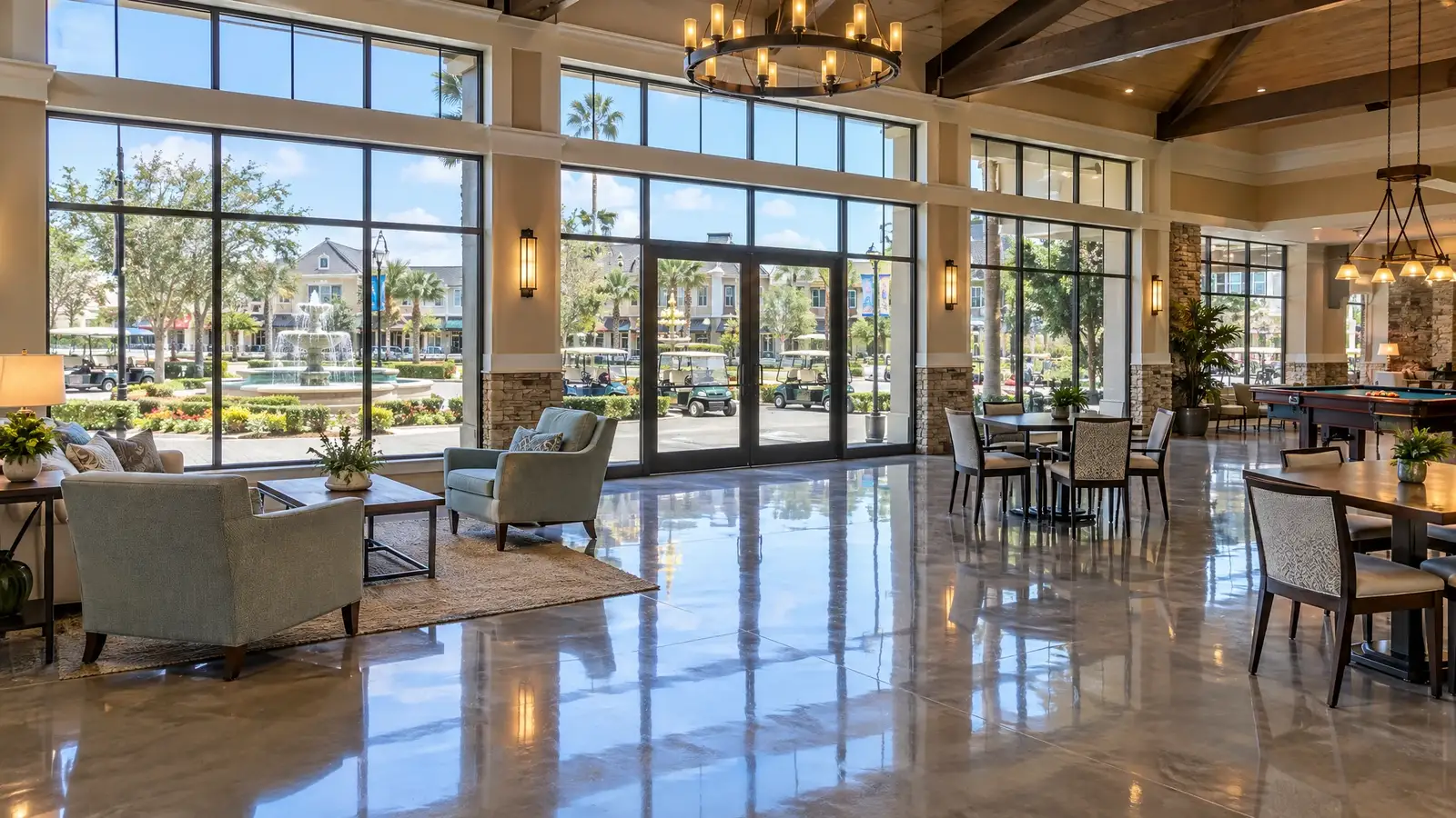 Polished concrete floor reflecting a scene from The Villages, FL