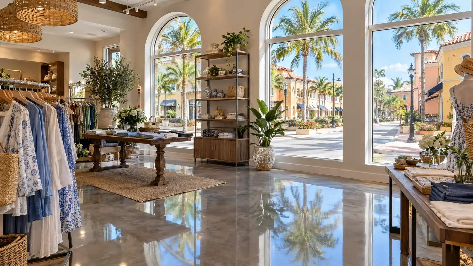 Polished concrete floor reflecting a scene from Venice, FL