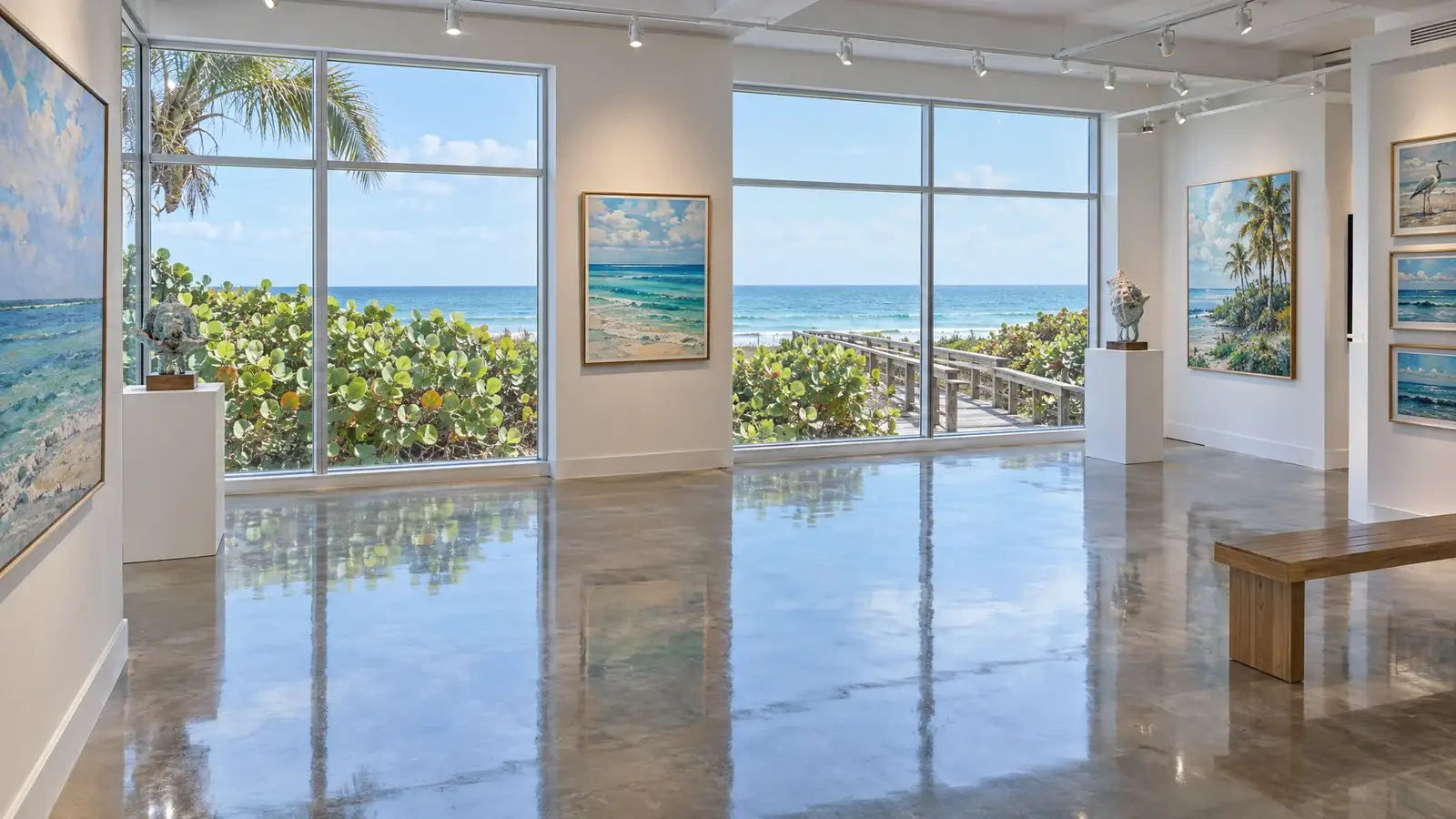 Polished concrete floor reflecting a scene from Vero Beach, FL