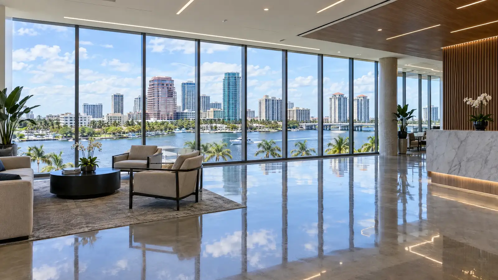 Polished concrete floor reflecting a scene from West Palm Beach, FL