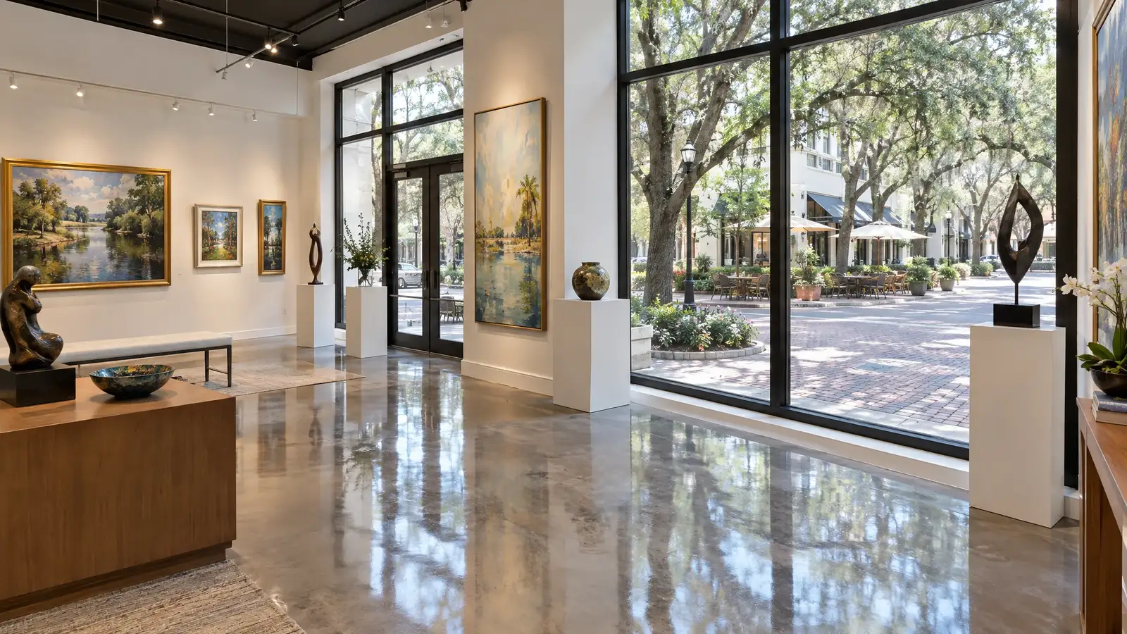 Polished concrete floor reflecting a scene from Winter Park, FL