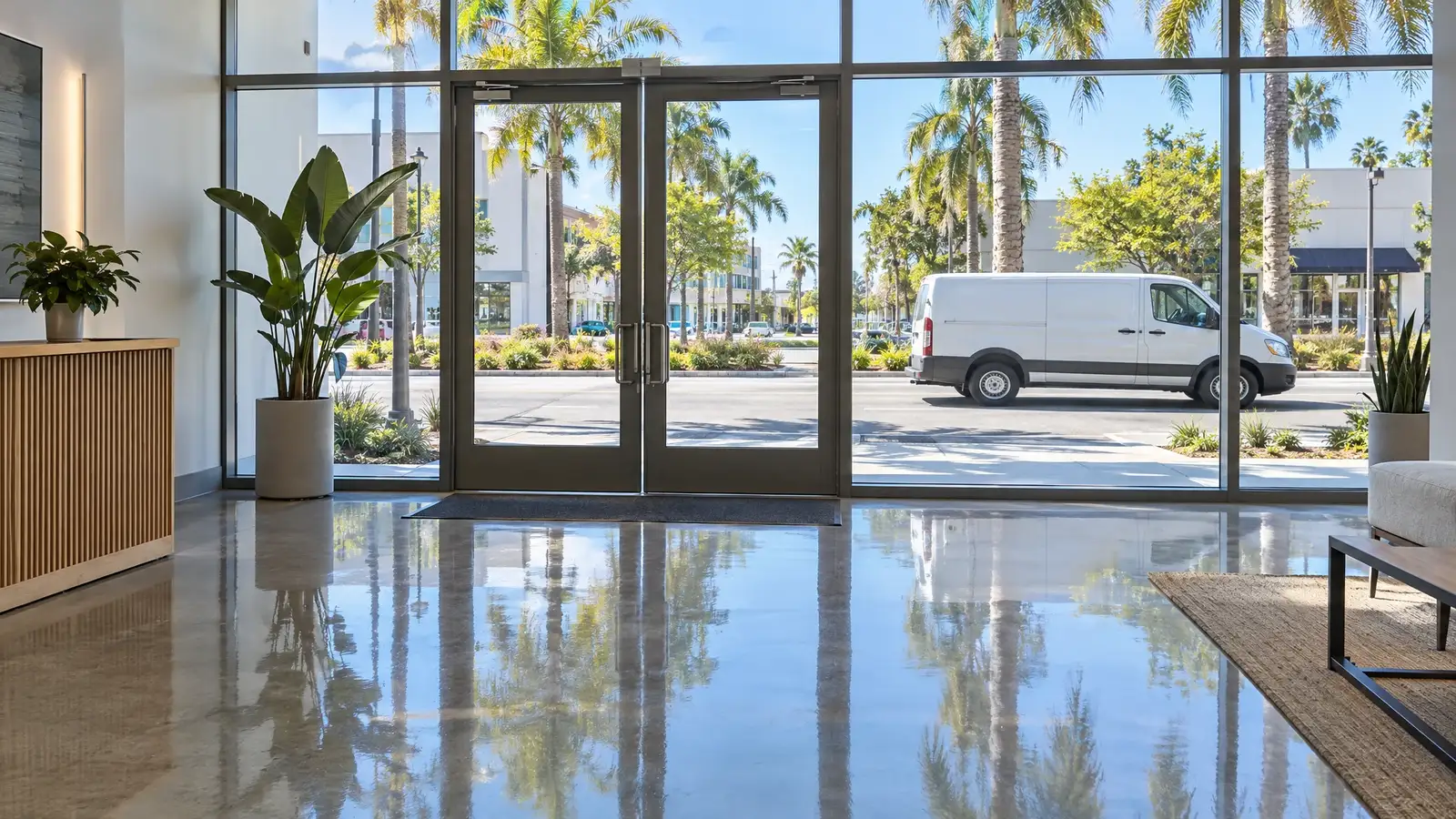 A mirror-polished concrete floor reflecting large windows