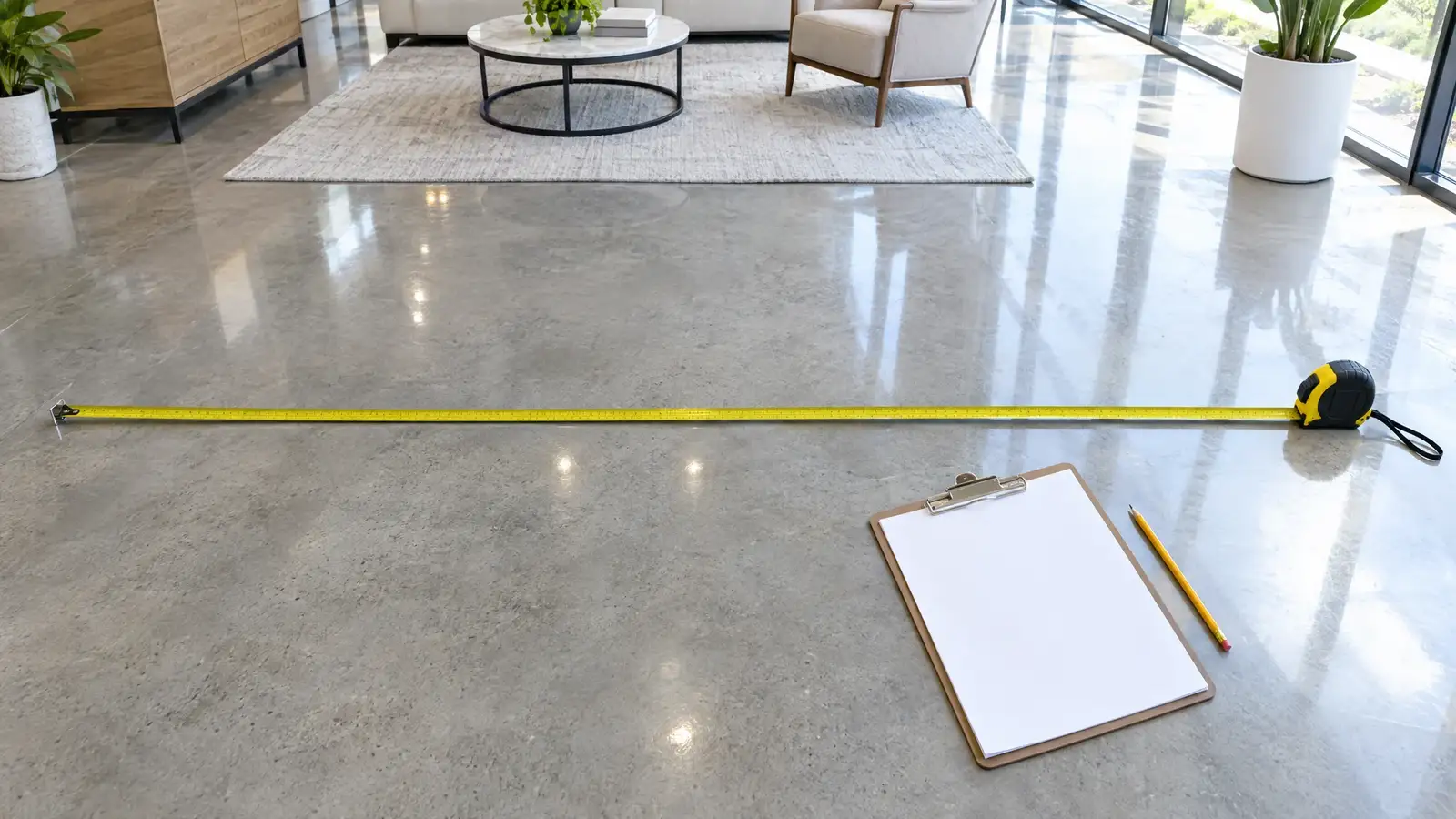 A mirror-polished concrete floor reflecting large windows