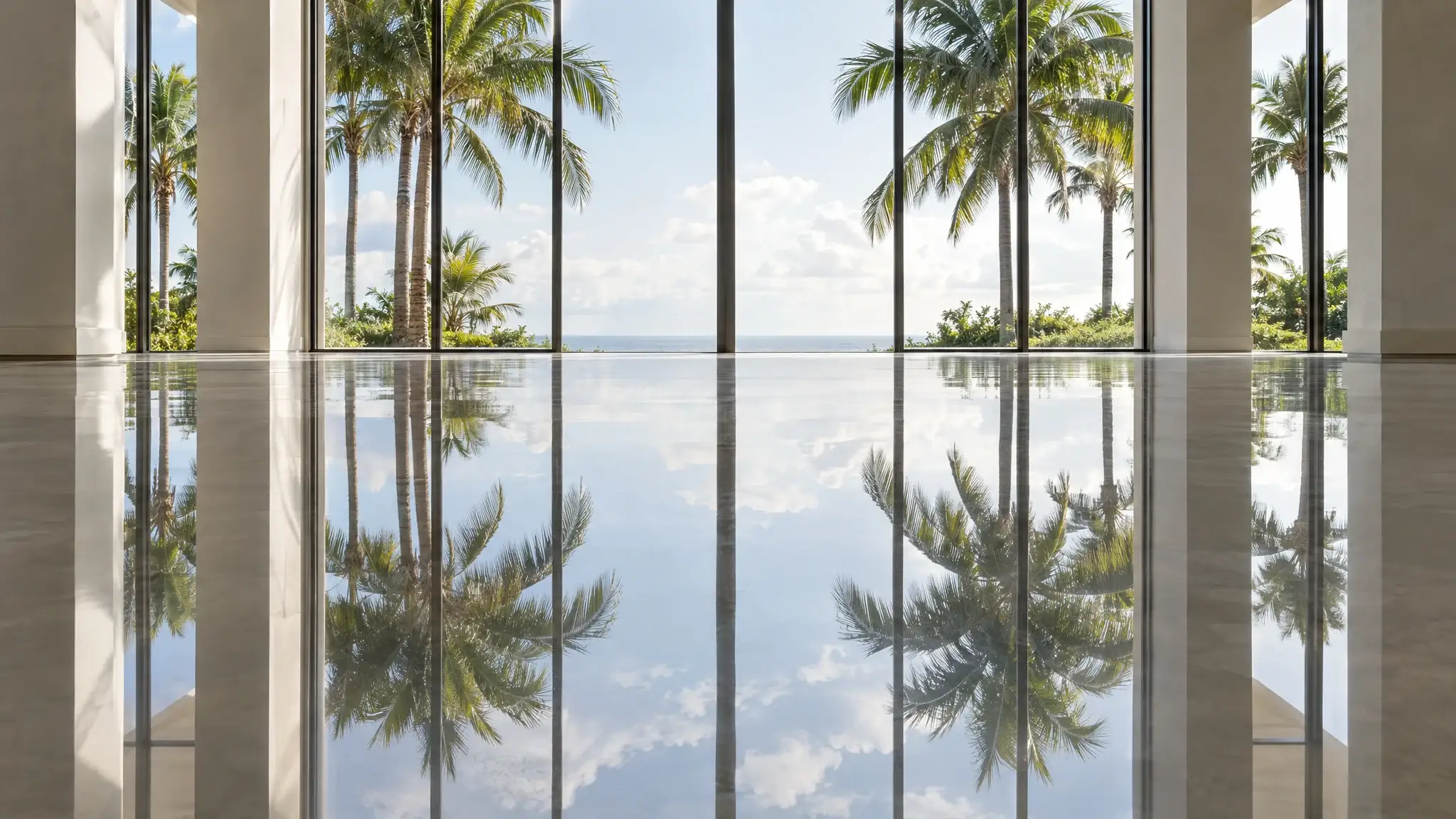 A mirror-polished concrete floor reflecting large windows