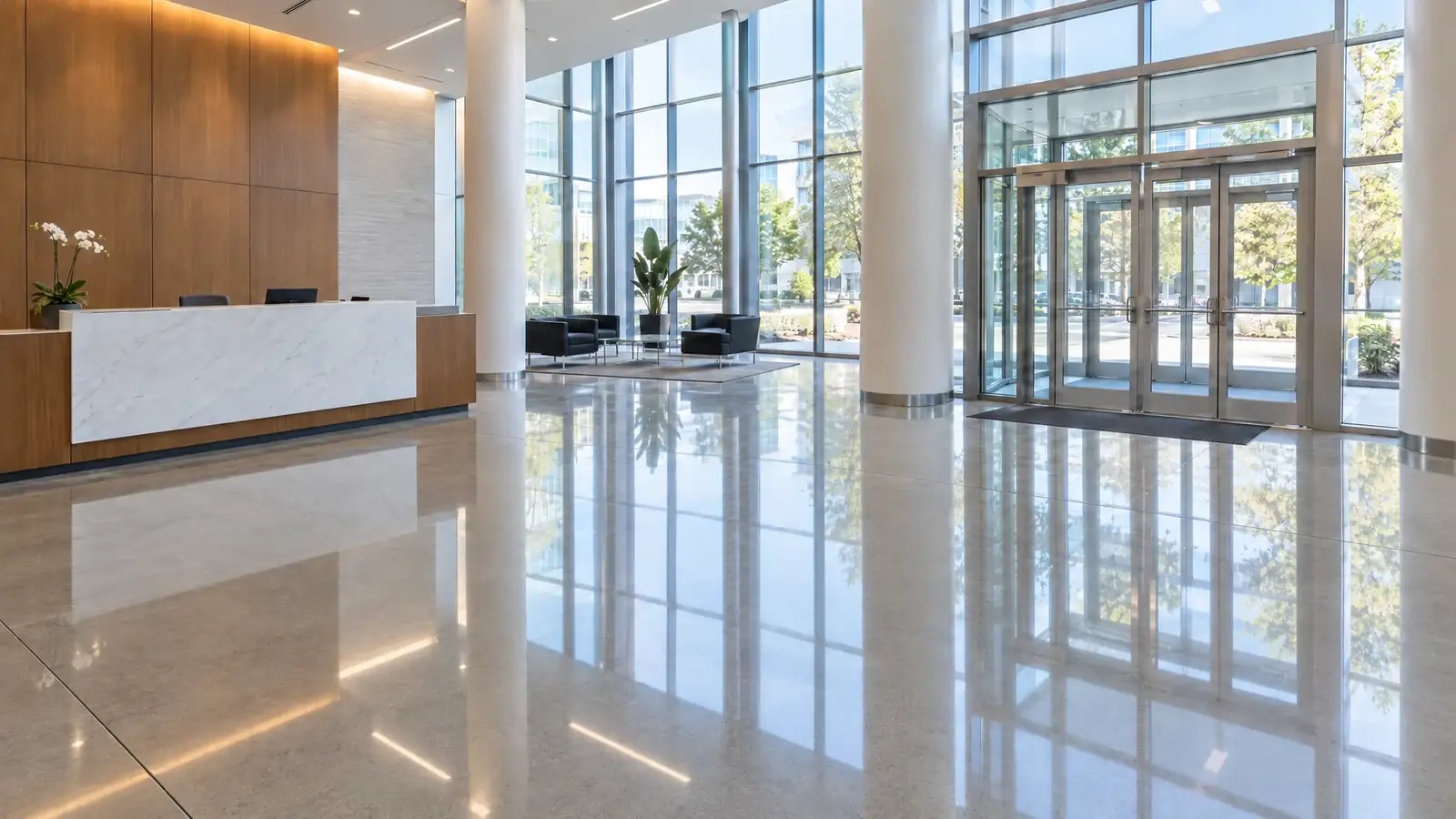 After: An office lobby floor before and after polishing