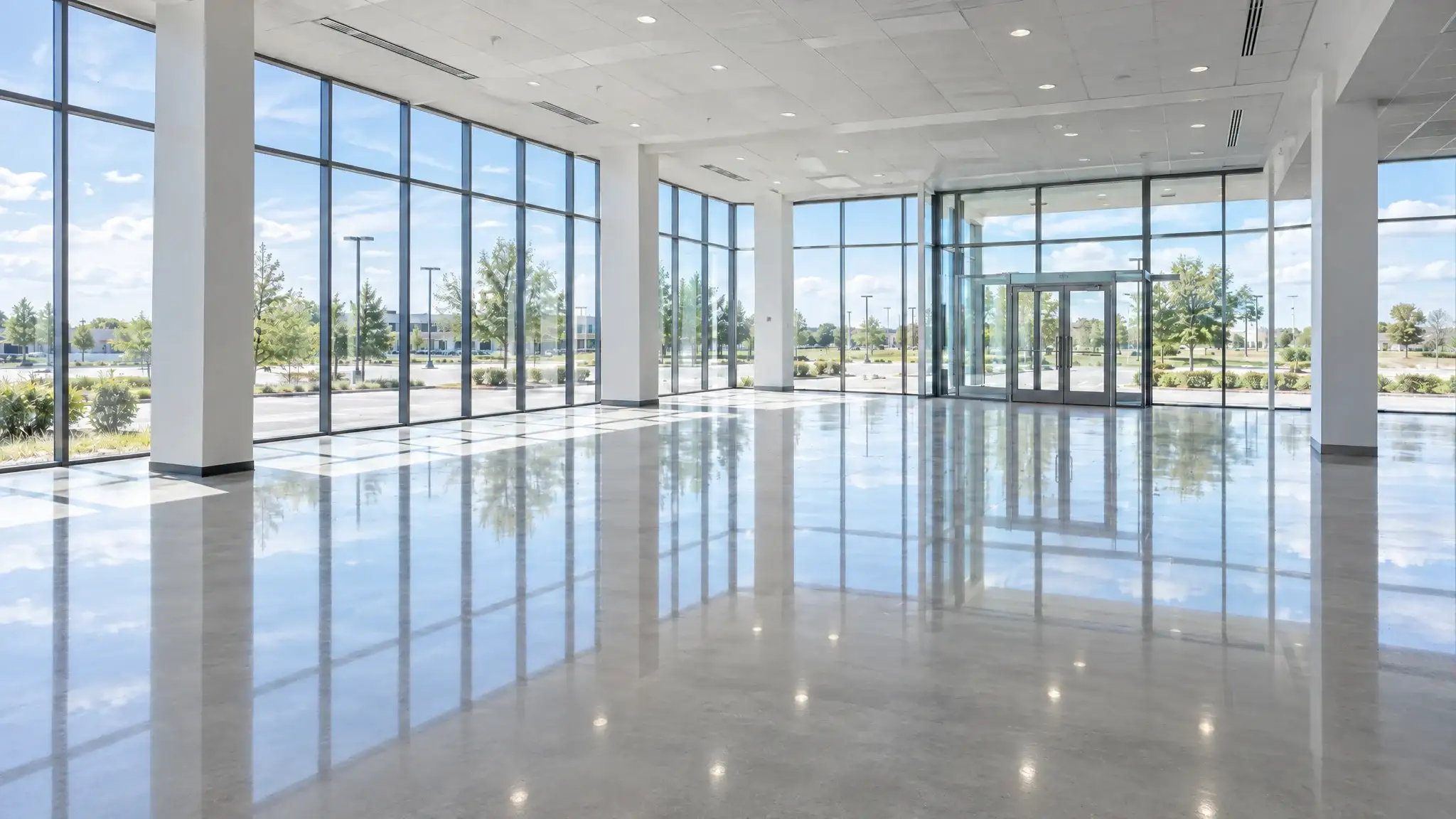 The same floor after mirror polishing: a showroom with floor-to-ceiling windows