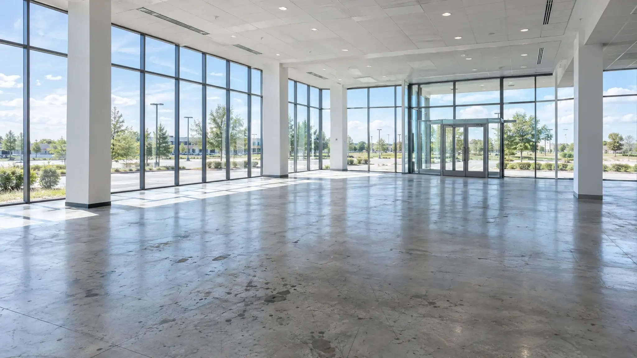 The raw concrete floor before polishing: a showroom with floor-to-ceiling windows
