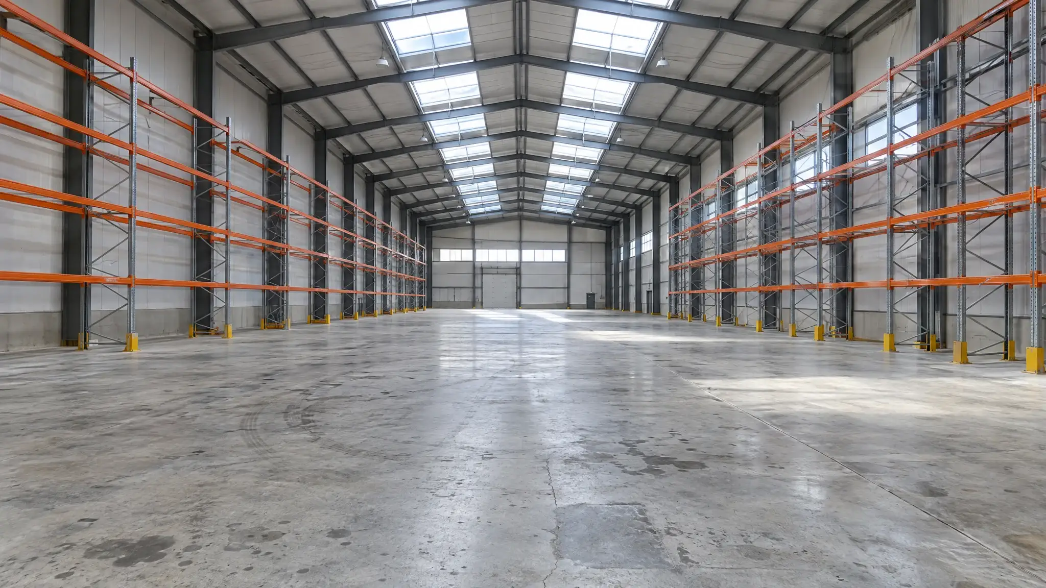 A raw concrete warehouse floor